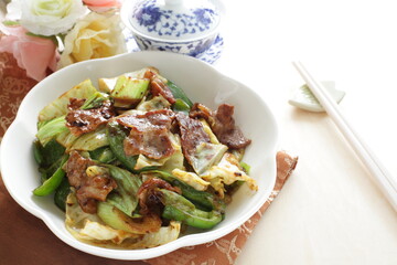 Chinese food, pork and cabbage stir fried green pepper and  black bean sauce
