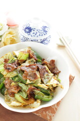 Chinese food, pork and cabbage stir fried green pepper and  black bean sauce with tea