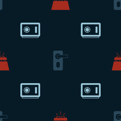 Set Fire sprinkler system, Fingerprint door lock and Safe on seamless pattern. Vector
