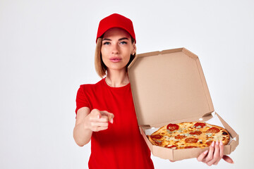 pizza delivery girl pointing finger to pizza on white background