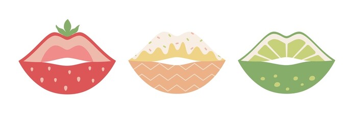 Sweet fruit lip makeup: lime, strawberry, ice cream. Juicy fruit lips. Vector set. Lipstick, vector, female, sensual lips, modern style. Retro Design Summer. Trendy vector hand drawn illustrations. 