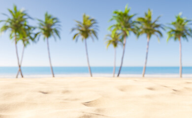 Fototapeta na wymiar Green palm trees on sandy seashore in summer