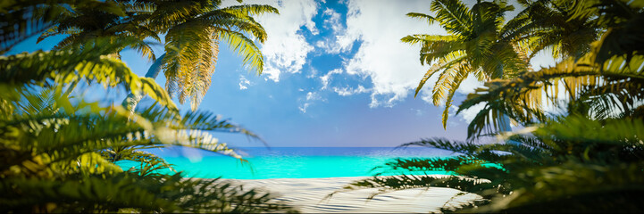 Tropical beach panorama with palm trees - holiday template - 3d remder