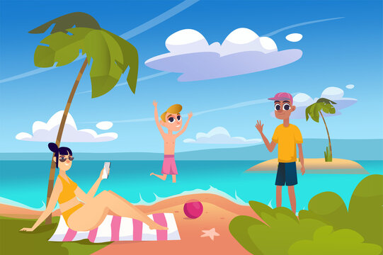 Summer beach background in flat cartoon design. Wallpaper with family resting at resort. Mom is sunbathing, son is playing with ball, dad walking. Vector illustration for poster or banner template