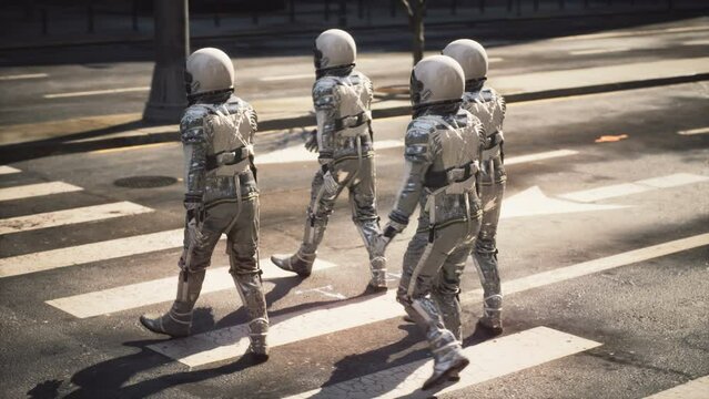 Space travelers walk around the metropolis between space flights. Cosmonauts returns after space voyage. The concept of resting astronauts. The animation is ideal for space and sci-fi backgrounds