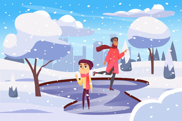 Winter city park background in flat cartoon design. Wallpaper with cityscape of people skating on ice rink and have fun outdoors among snowy trees. Vector illustration for poster or banner template - obrazy, fototapety, plakaty