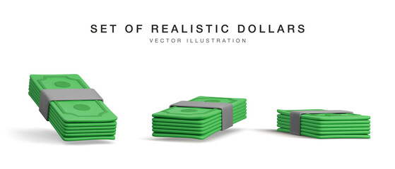 Set of 3D stack of dollar USA. Render green paper pack of money. Paper dollar banknote isolated on white background. Vector illustration