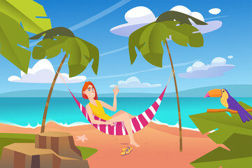 Fototapeta na wymiar Summer landscape background in flat cartoon design. Wallpaper with happy woman relaxing in hammock among palm trees on tropical island with toucan. Vector illustration for poster or banner template