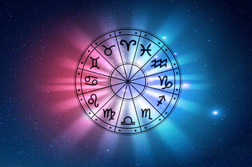 Zodiac signs inside of horoscope circle. Astrology in the sky with many stars and moons  astrology and horoscopes concept - obrazy, fototapety, plakaty