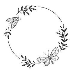 Hand drawn ornate round floral frame with butterflies in graphic style