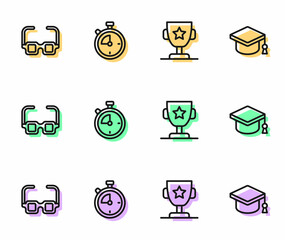Set line Award cup, Glasses, Stopwatch and Graduation cap icon. Vector