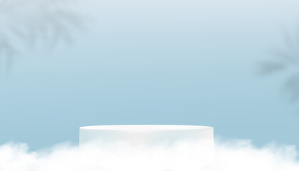 Studio room backdrop with 3D podium display, palm leaf,cloud,blue sky on wall background,Vector illustration banner cylinder mockup, Minimal design for Spring, Summer product presentation
