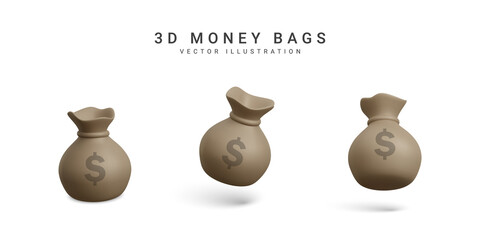 Set of money bags in 3d realistic style. Business and finance. Sack with dollar sign. Vector illustration