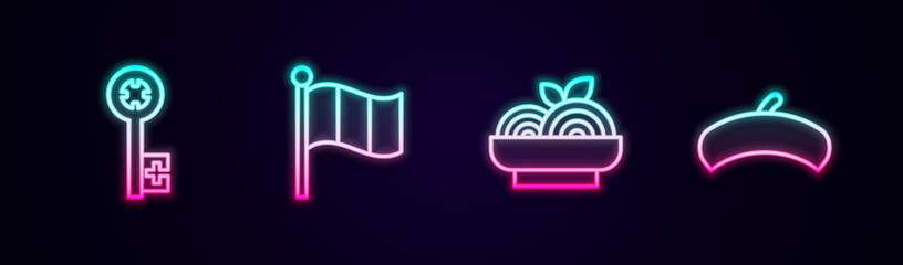 Set line Old key, Flag Italy, Pasta spaghetti and French beret. Glowing neon icon. Vector