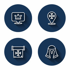Set line King crown, Crusade, and Medieval helmet with long shadow. Blue circle button. Vector