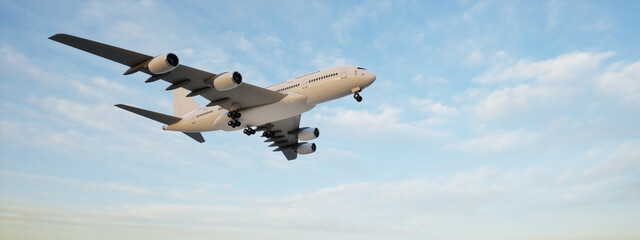 Conceptual flying white passenger jetliner or commercial plane after take off rising over a beautiful sky background. 3D illustration for jet transportation, travel industry or modern freedom concept