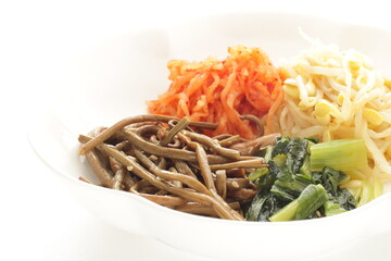 Korean food, assorted marinated vegetable Namul on white plate for comfort food image