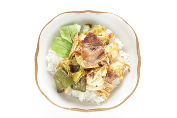 Chinese food, cabbage and green pepper stir fried with pork belly on rice 