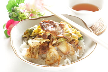 Chinese food, cabbage and green pepper stir fried with pork belly on rice 