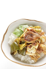 Chinese food, cabbage and green pepper stir fried with pork belly on rice 
