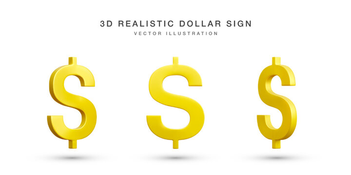 Set of 3D realistic gold dollars sign. Collection of US dollars currency symbol isolated on white background. Vector illustration