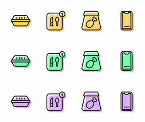 Set line Online ordering meal, Lunch box, Food and on mobile icon. Vector