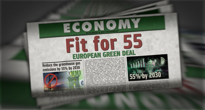 Fit for 55 European Green Deal retro newspaper 3d illustration