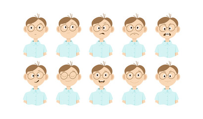 A set of drawings of a cartoon man in glasses with different emotions on his face. Doodle style
