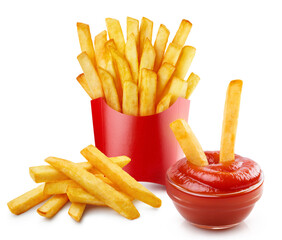Delicious potato fries with tomato ketchup, isolated on white background