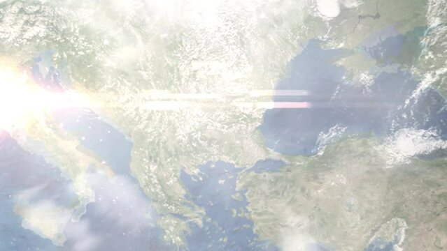 Earth zoom in from outer space to city. Zooming on Kazanlak, Bulgaria. The animation continues by zoom out through clouds and atmosphere into space. Images from NASA