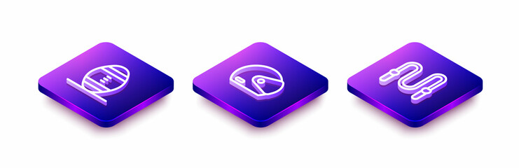 Set Isometric line American Football ball, Racing helmet and Jump rope icon. Vector