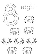 Flashcard number 8. Preschool worksheet. Black and white spiders.