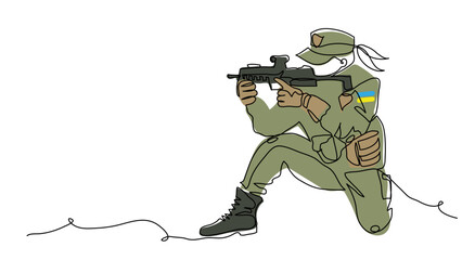 ainian soldier girl with weapon. Vector illustration. One continuous line art drawing of soldier girl