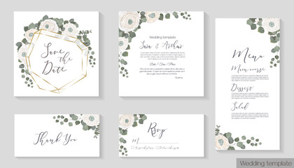 Vector set for wedding invitations. White roses, polygonal gold frame, eucalyptus. Invitation card, thank you, rsvp, menu