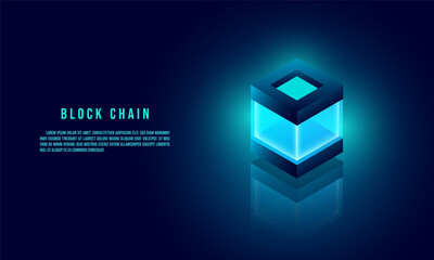 Vector realistic 3d cubes with blue glowing on dark blue background.