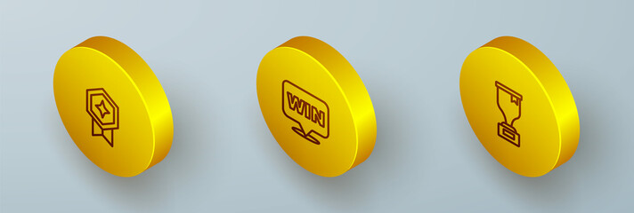 Set Isometric line Game rating with medal, Medal and Award cup icon. Vector