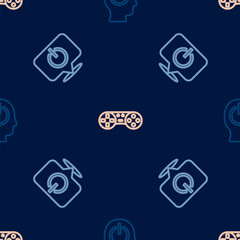 Set line Power button, and Game controller or joystick on seamless pattern. Vector