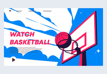 vector illustration banner template for the website for watching basketball matches online basketball with a basketball ring on a sky background with clouds