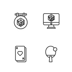 Set line Racket, Playing cards, Game dice and icon. Vector