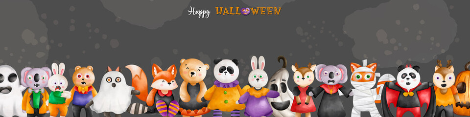 Halloween background banner. Animals in Halloween costumes for Halloween holiday..
