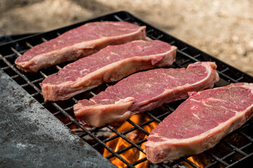 Beef steaks grilling on a cast iron grlill plate on a camp fire. Campfire cooking. Outdoor BBQ