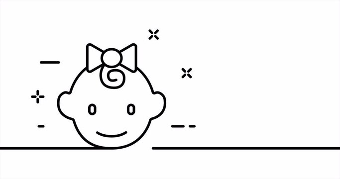 Little girl with hair bow. Cute, funny, raise, parents, bring up, child, kid, obedient, smart. Children concept. One line drawing animation. Motion design. Animated technology logo. Video 4K
