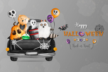 Happy Halloween, Trick and Triat. 31 Oct. Animals in Halloween costumes on ghost car..