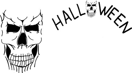 Scary black skull on white background with inscription Halloween and copy space. Halloween flyer concept. Halloween background with cranium and copy space.