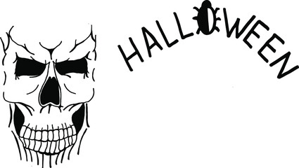 Scary black skull on white background with inscription Halloween and copy space. Halloween flyer concept. Halloween background with cranium and copy space.