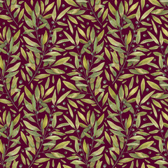 Seamless pattern with olive branch on a dark red backdrop, hand drawn in watercolor. Elegant background for cosmetics, fabric, soap packaging, oil packaging, wrapping paper.