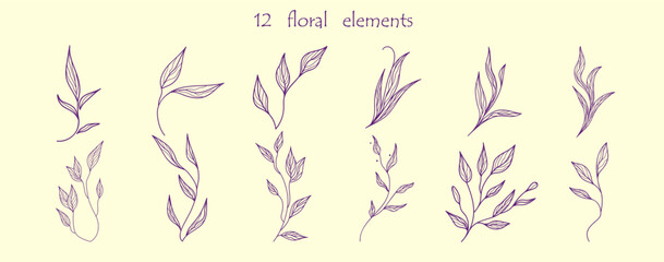 Set of floral elements. Outline leaves for your designs and logos. Vector illustration.