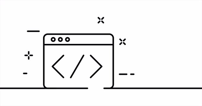 Create a web site. HTML, hypertext, work, online. Browser window with angle brackets. Internet concept. One line drawing animation. Motion design. Animated technology logo. Video 4K