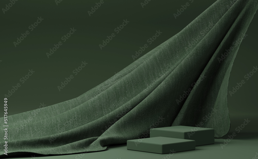 Wall mural Dark green podium with green flying fabric, cloth background