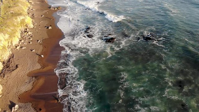 Birds Eye view of Cambria Beach. Drone Footage at Sunset of waves crashing in at Californian shoreline. Panning down to kid collecting shells at beach. Roadtrip at Westcoast at Highway One.